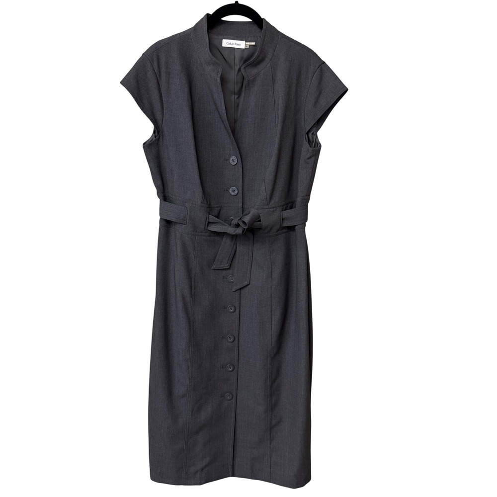 Calvin Klein Women Button Front Belted Cap Sleeve Sheath Dress 12 Grey Stretch